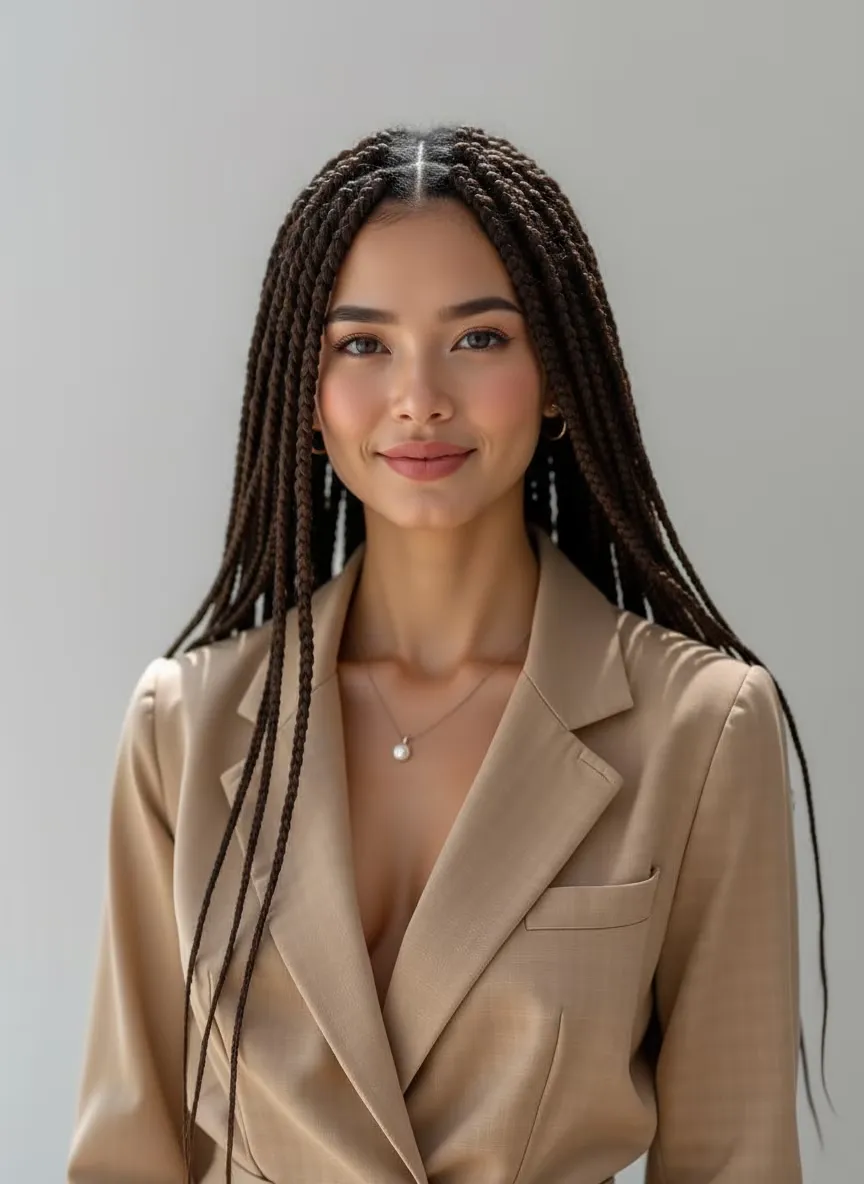 Keep the uploaded person's exact face, body, pose, outfit, and background, but change the hairstyle to box braids. Make the braids appear natural, detailed, and consistent with the lighting and head shape. Preserve realistic texture and authentic likeness.