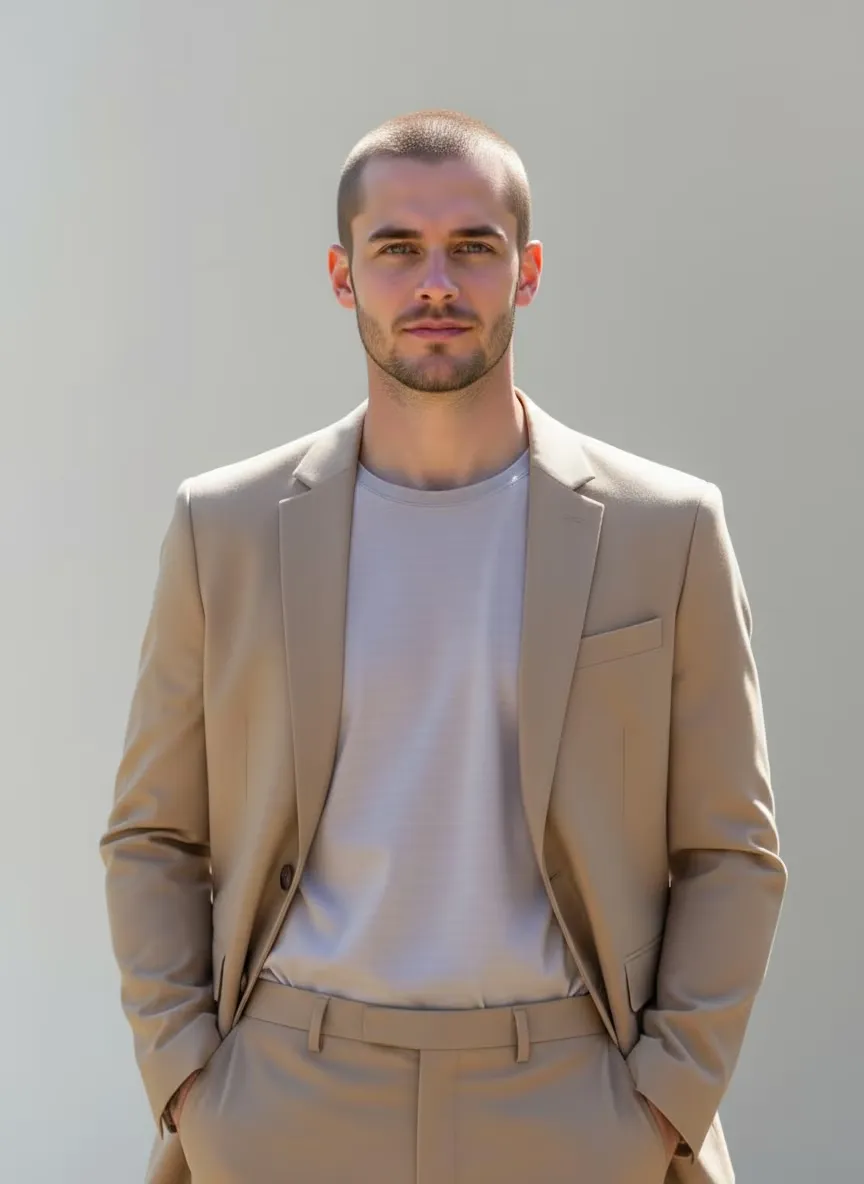 Keep the uploaded person's exact face, body, pose, outfit, and background, but change the hairstyle to a buzz cut. The hair should appear evenly trimmed, sharp, and natural with realistic scalp texture and consistent lighting. Maintain photo-realistic skin tone and true likeness.