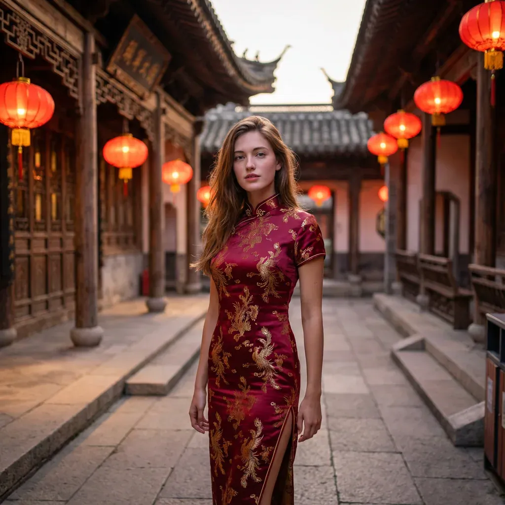 Maintain the facial and body proportions of the person in the uploaded photo.

Wear a deep red traditional silk cheongsam adorned with a golden phoenix pattern.

And a high slit design. Soft twilight light. Nikon Z9 camera, 50mm f/1.2 lens.

ISO 250, f/2.8. Elegant, classic, Eastern aesthetics.