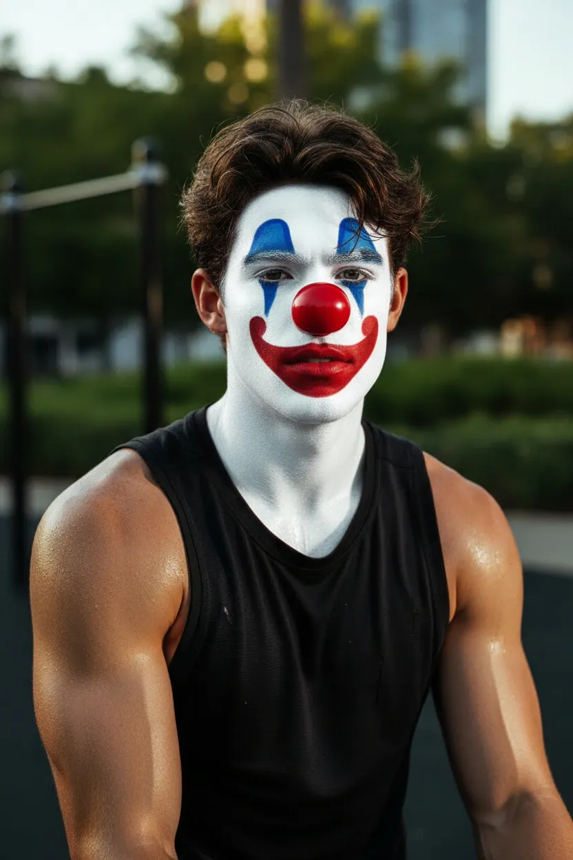 Transform the uploaded image into a circus-style makeup look: red nose, white base makeup, and blue and red accents. A portrait taken under studio lights, showcasing a fun and unique Halloween makeover.