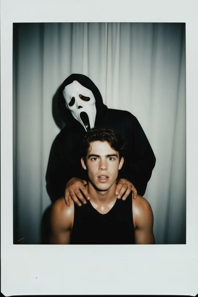 Rename the uploaded image to a Polaroid-style portrait with a slightly blurred effect. The background of the uploaded image should be different. The person in the photo looks terrified, while a ghost wearing a scary mask stands playfully behind him. This creates an eerie yet comical atmosphere.