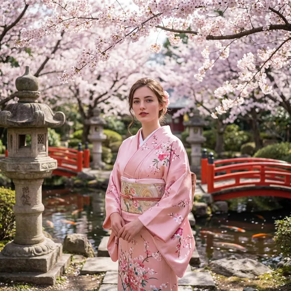 Replace the outfit in the uploaded photo with an exquisite
cherry blossom pink kimono featuring hand-painted sakura patterns
and traditional obi belt. Background is a traditional Japanese garden
under cherry blossom trees with stone lanterns and small bridges.
Natural soft spring daylight. Fujifilm X-T5 camera, 56mm f/1.2 lens,
ISO 100, f/2.0. Serene, traditional, Japanese aesthetic.