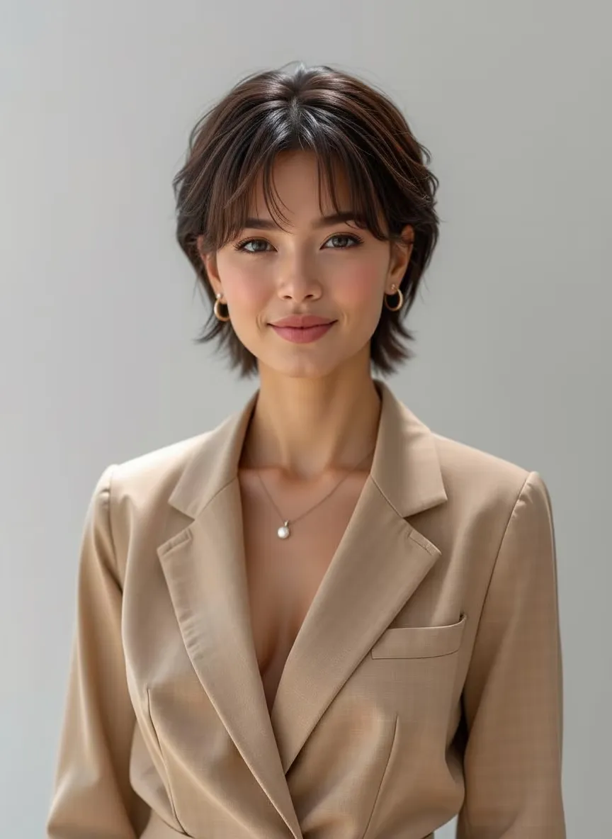 Keep the uploaded person's exact face, body, pose, outfit, and background, but change the hairstyle to a pixie cut. Make the new hair look natural, realistic, and consistent with lighting and head shape. Maintain photo-realistic skin texture and full likeness of the original image.