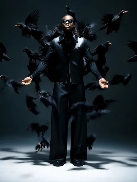 Create a short cinematic video using the uploaded photo. At the start, show the person standing in the center of the frame, facing the camera, keeping their real face, hairstyle, and outfit exactly the same as in the photo. After a brief moment, a huge flock of black ravens bursts out from behind the person, flying forward and spreading across the entire screen. As the ravens swarm past the camera and cover the frame, the person gradually disappears into the dark feathers. When the ravens fly away, reveal an empty scene with only drifting feathers and fog where the person used to stand. Dark, moody, cinematic lighting, smooth motion, no glitch, seamless transition.

使用上传的照片制作一段短片。视频开始时，画面中央出现一个人，面向镜头，保持其真实面容、发型和服装与照片完全一致。片刻之后，一大群黑渡鸦从人身后突然出现，向前飞去并迅速蔓延至整个画面。随着渡鸦群飞过镜头并覆盖整个画面，人逐渐消失在黑暗的羽毛中。渡鸦飞走后，画面中只剩下漂浮的羽毛和雾气，原本人站立的地方空无一物。视频需采用暗调、氛围感强的电影级光影，动作流畅，无卡顿，过渡自然。
