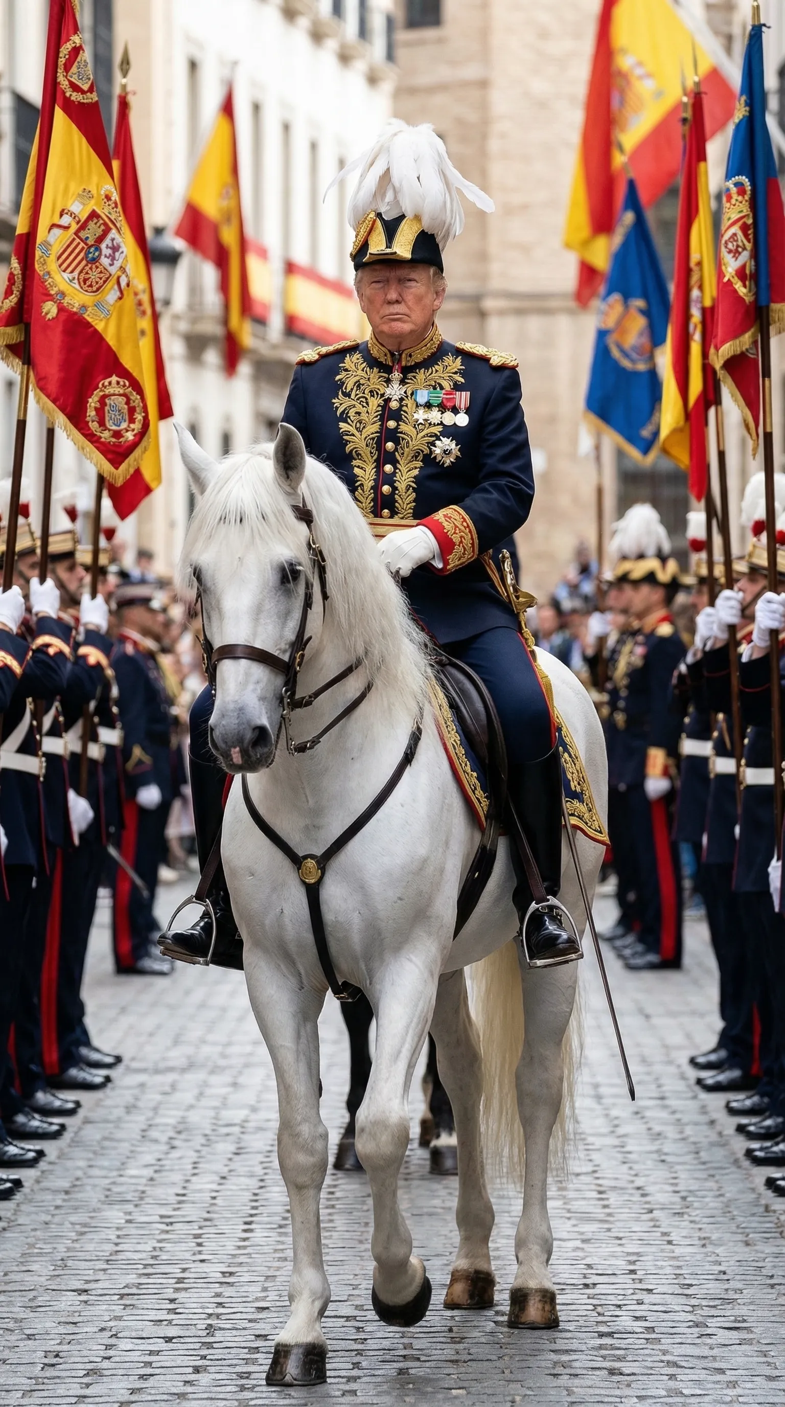 A stunningly realistic cinematic photograph depicting a male rider (using the face from the image I uploaded) in a decorated cavalry uniform adorned with gold accents, riding a white Andalusian horse in a royal procession. Flags flutter in the background as elite soldiers stand on either side, creating a solemn and formal atmosphere. 4K HDR detail.