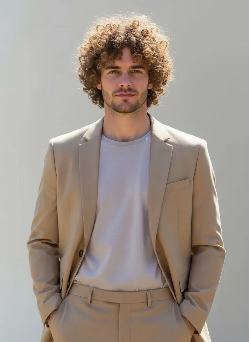 Keep the uploaded person's exact face, body, pose, outfit, and background, but change the hairstyle to spiral curly hair. The curls should look soft, springy, and realistic, following the natural head contour. Preserve lighting, depth, and skin realism.
