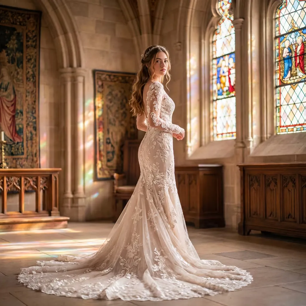 Create ultra-realistic wedding portrait, face completely identical to uploaded photo.
Wearing fitted lace wedding dress with long train and intricate embroidery.
Background is palace-style chapel with soft light through stained glass windows.
Professional wedding photography lighting. Canon EOS R5, 85mm f/1.2 lens,
ISO 200, f/1.8. Romantic, dreamy, high-end wedding style.